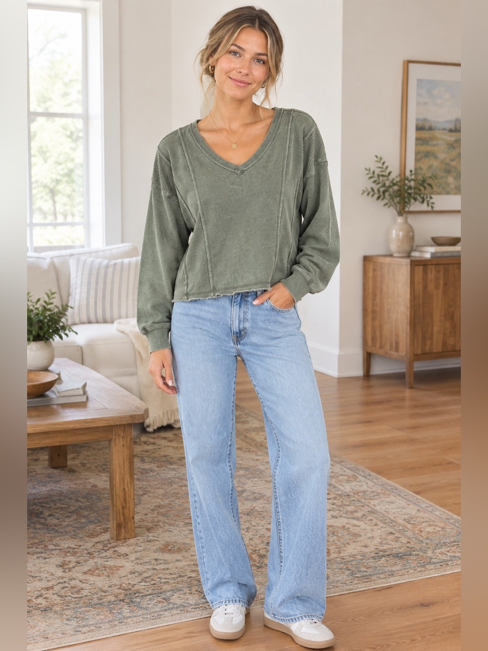 Altar'd State Olive Green V-Neck Relaxed Sweatshirt